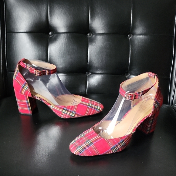 J. Crew Shoes - J. Crew Factory Tartan Plaid Ankle-Strap Block Heels Red Holiday Pumps Size 9.5